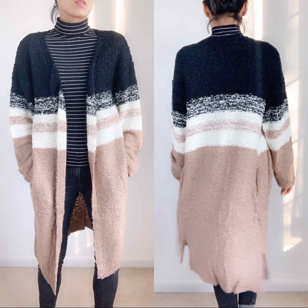 LONG CARDIGAN SWEATER WITH POCKETS - BLACK WHITE TAUPE